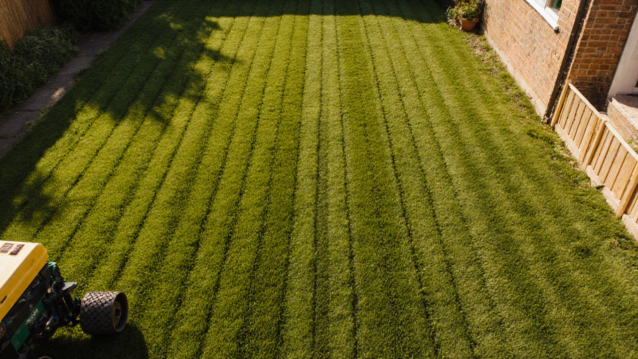 Aerial view of a uniform, green lawn with visible roller stripes and a seed drill.