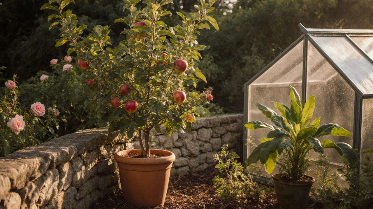 Backyard garden with a potted dwarf apple tree, strawberry bed, and small greenhouse banana plant.