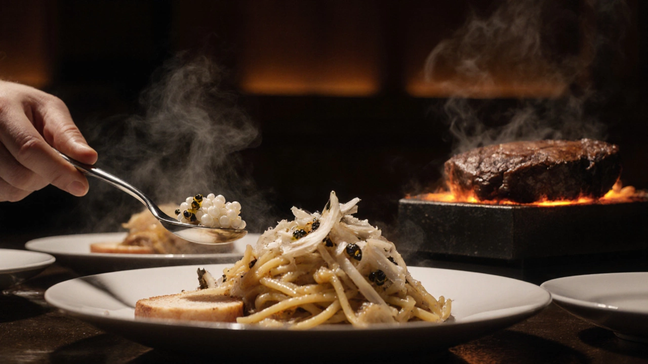 Chef plating Almas caviar, shaved white truffle, and seared Kobe steak in an upscale restaurant.