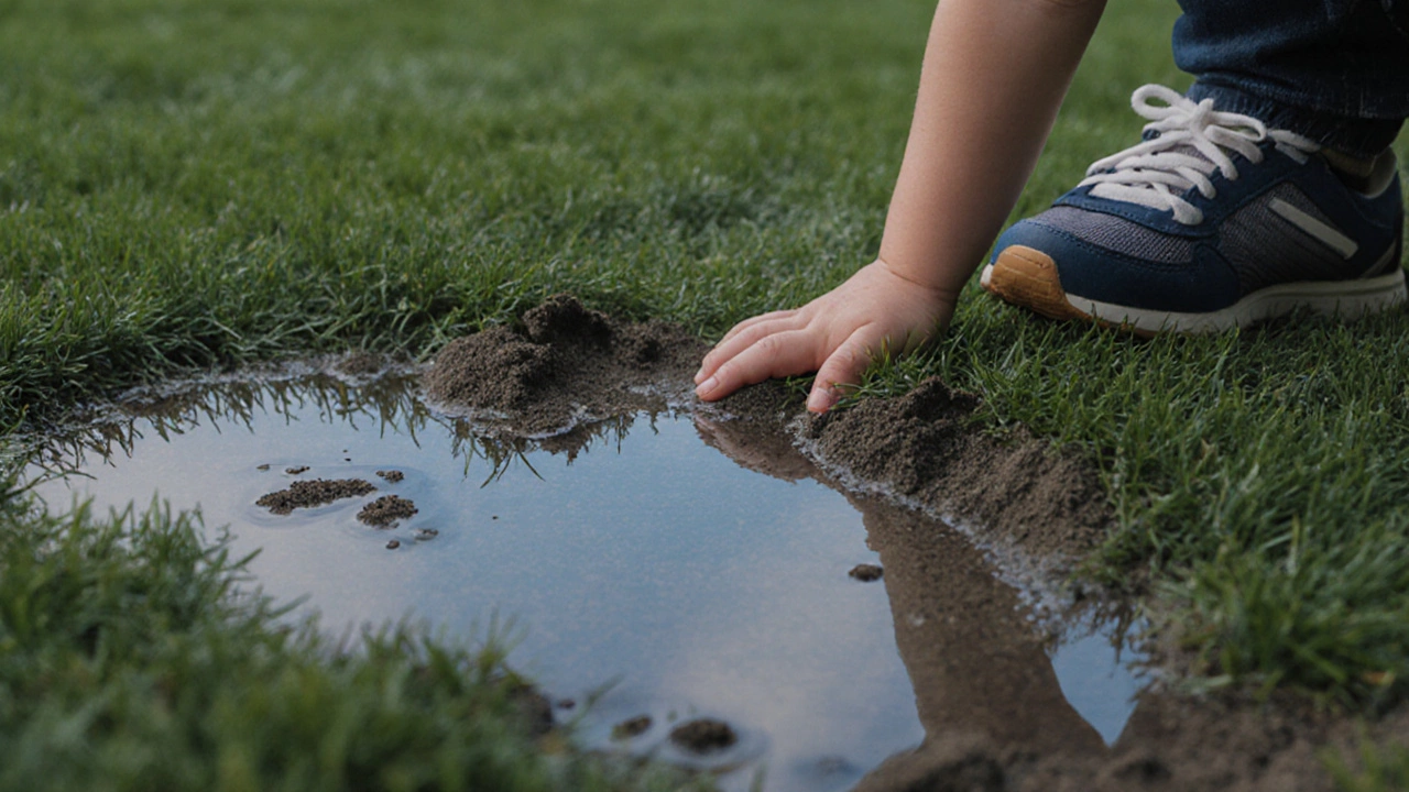 Close‑up of over‑filled artificial turf with standing water, flat fibres and gritty footprints.