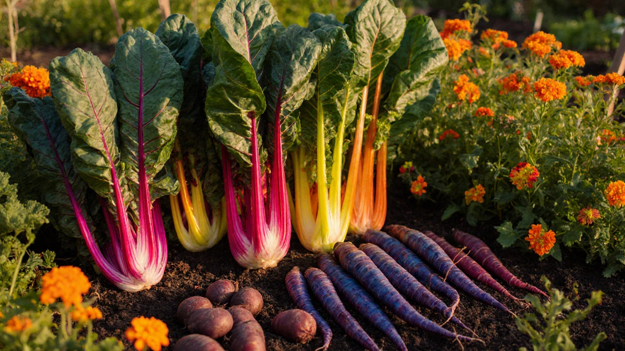 Colorful rainbow chard, purple carrots, and blue potatoes in a vibrant garden bed