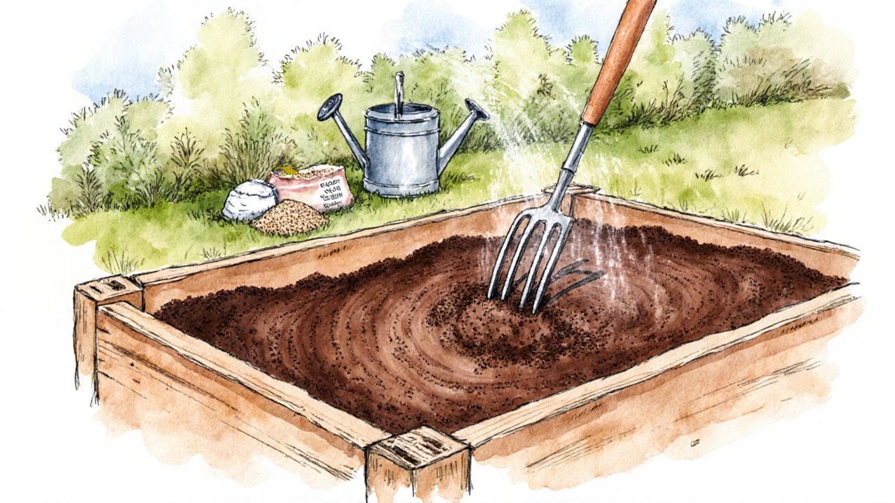 Compost being mixed into a raised bed with a fork and watering can.