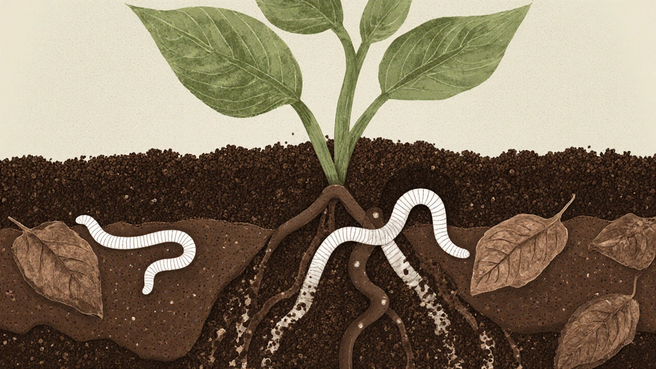Cross‑section illustration of soil with coffee grounds, leaf litter, and earthworms.