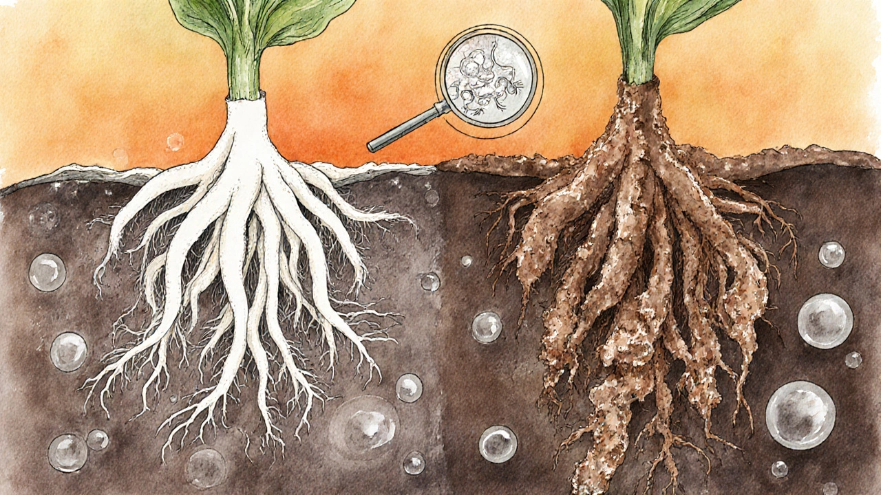 Cross-section of healthy and rotting plant roots in waterlogged soil with fungal growth.