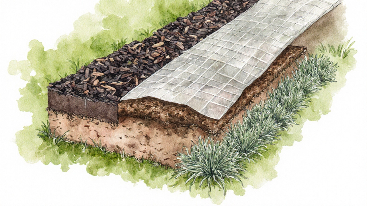 Cross‑section shows mulch, landscape fabric, soil and thyme ground cover in layered view.