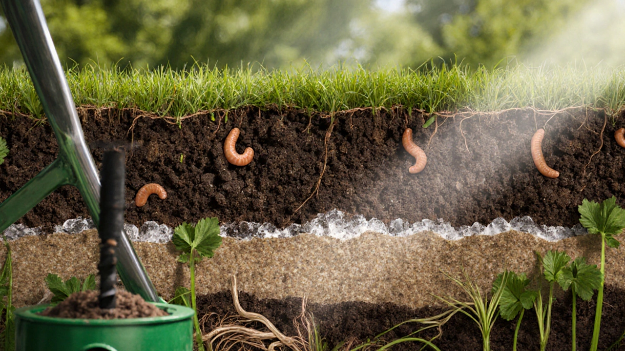 Cross‑section view of fluffy, aerated soil filled with roots and mulch.