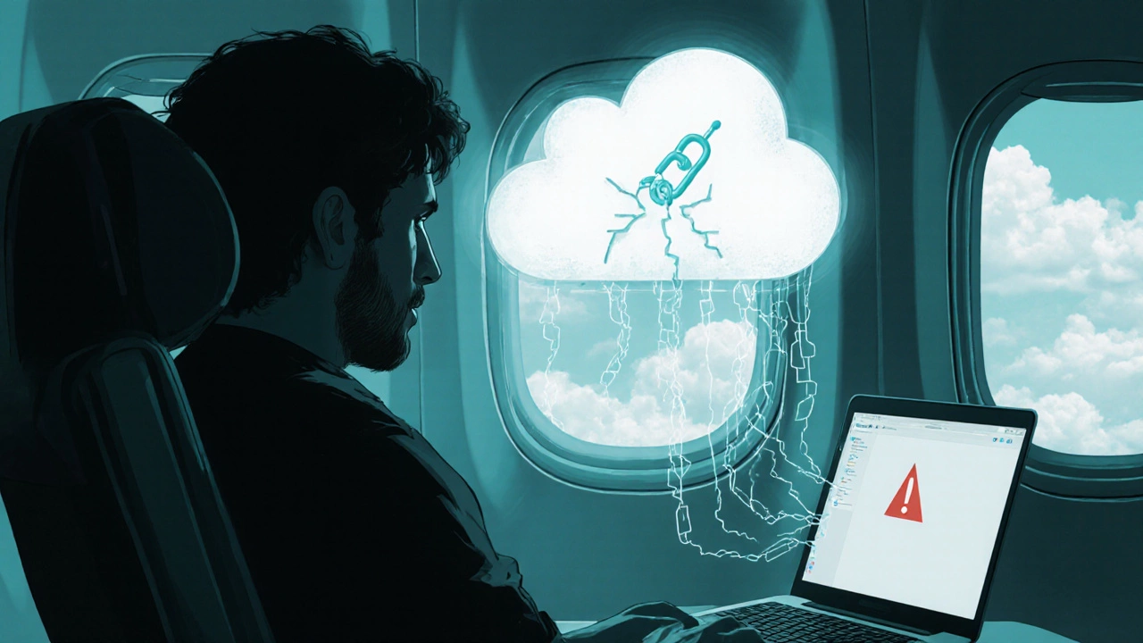 Designer in airplane with broken cloud connection, illustrating offline and privacy issues.