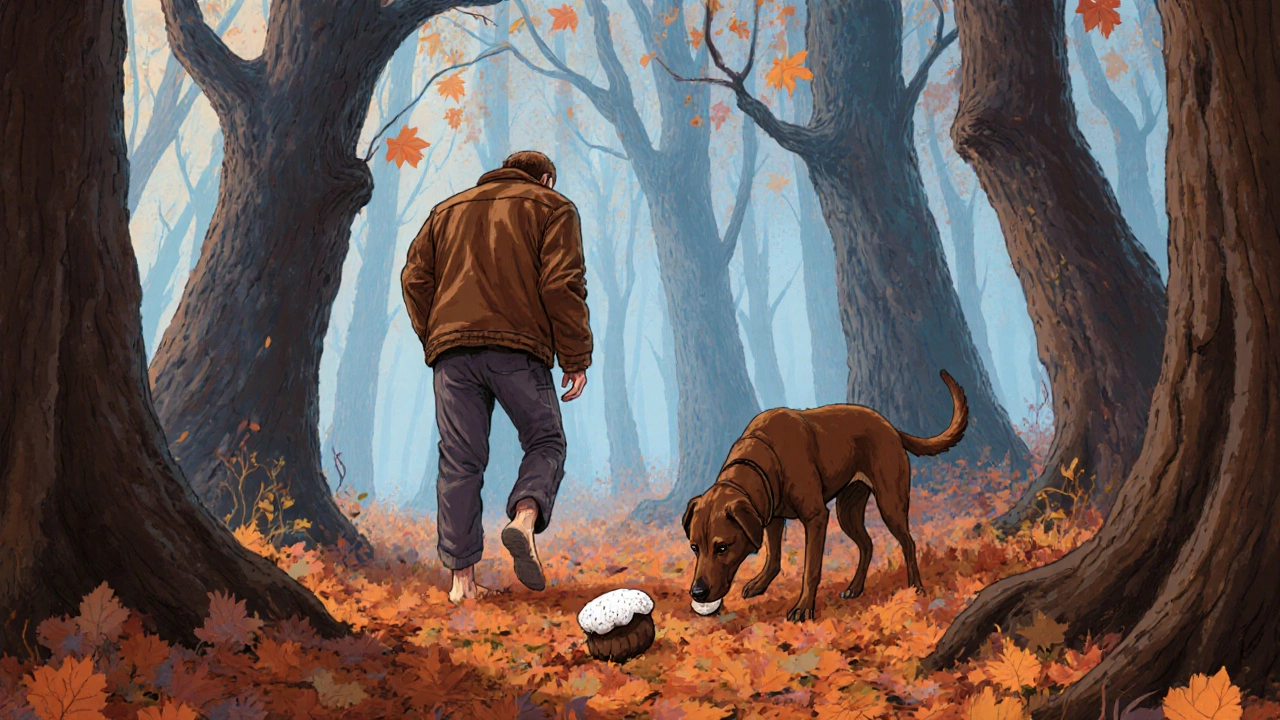 Dog and truffle hunter search forest floor for white truffles amid autumn leaves.