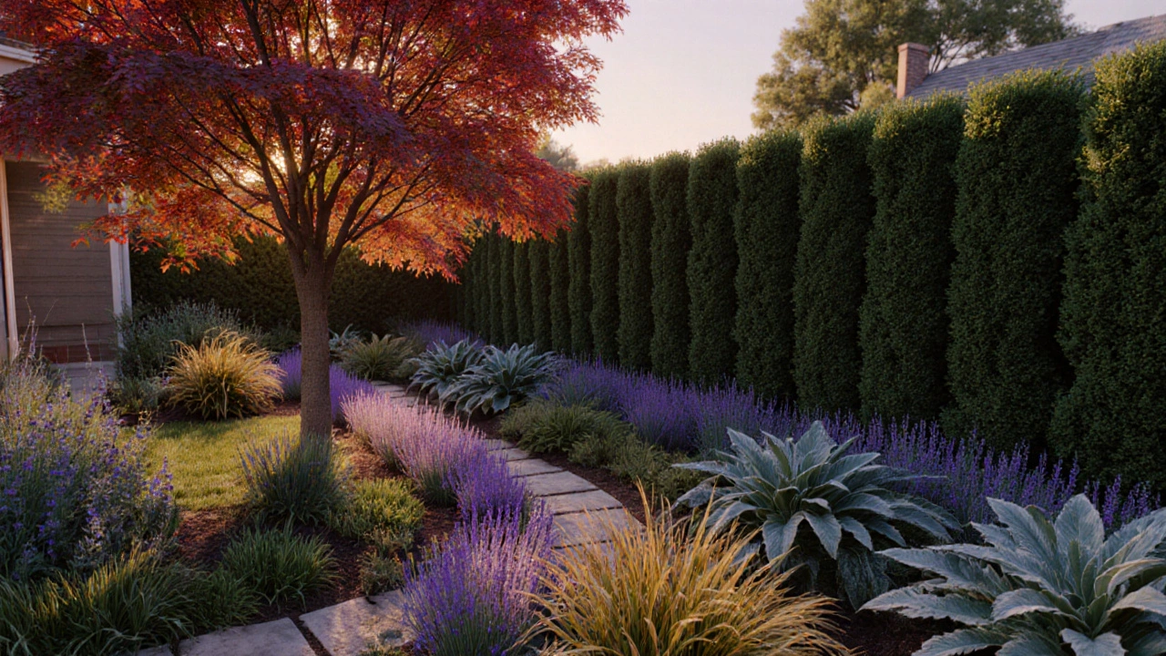 Dusk view of a finished garden with Japanese maple, shrubs, lavender, hostas, and thyme.