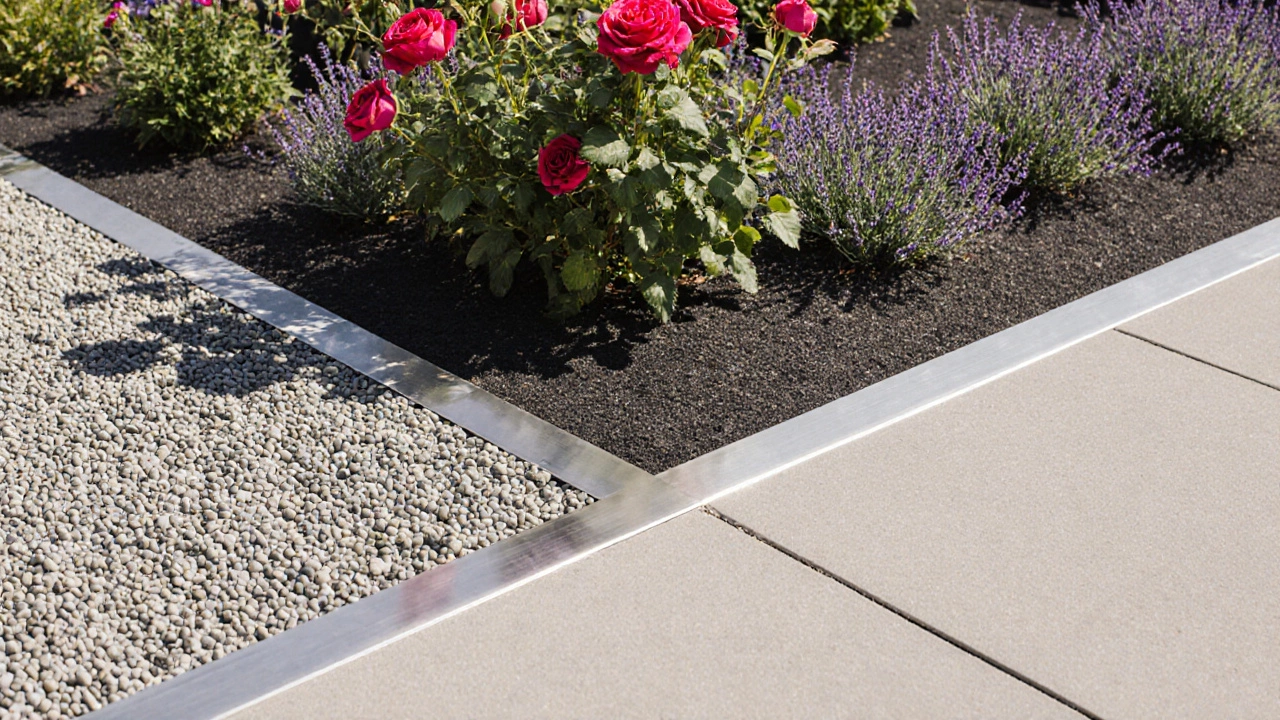 Finished flower bed with stone gravel, metal edging, roses and thyme ground cover.