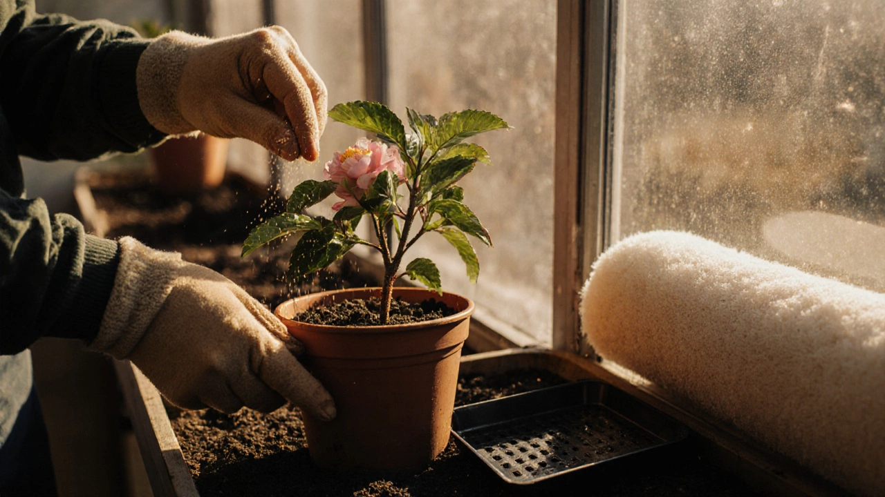 Gardener&#039;s hands planting camellia in pot, adding fertilizer, with fleece and vent in background.