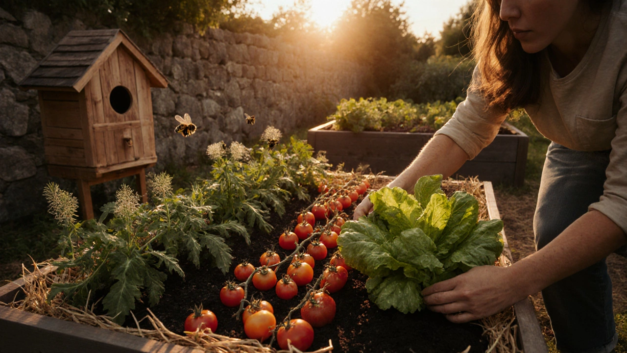 Gardener harvesting lettuce in golden light, surrounded by companion plants and a bee hotel.