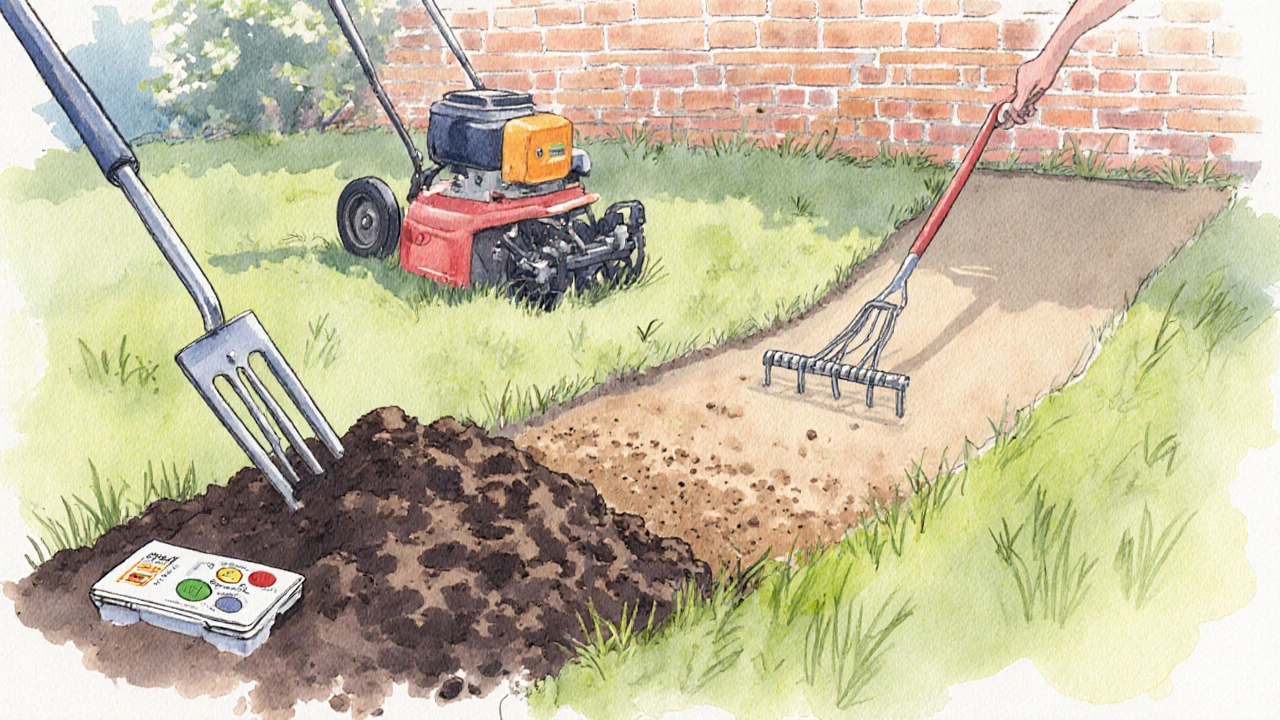 Gardener mixing compost into loosened topsoil, testing pH, and leveling the garden bed.
