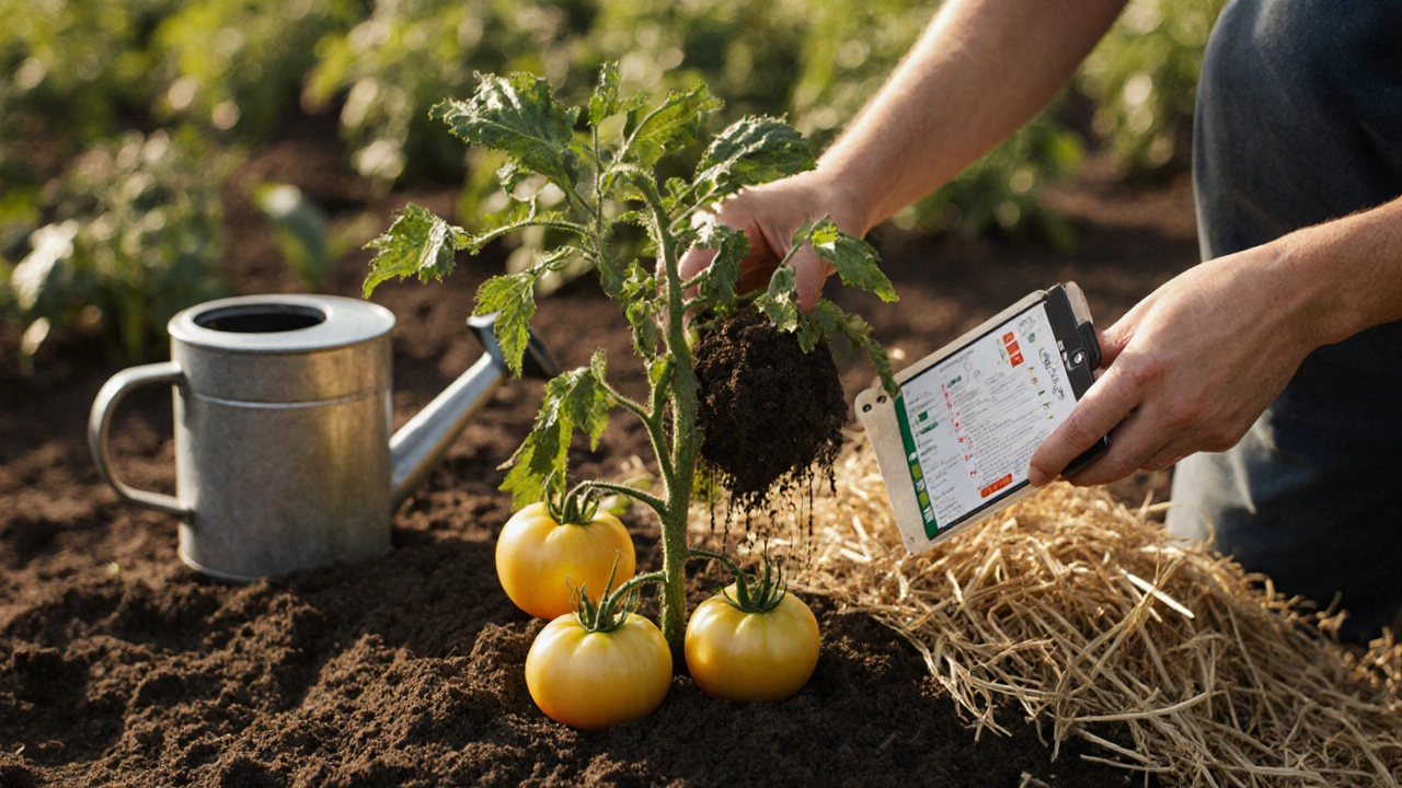Gardener removing toxic compost from a yellowing tomato plant, applying straw mulch, soil test kit nearby.