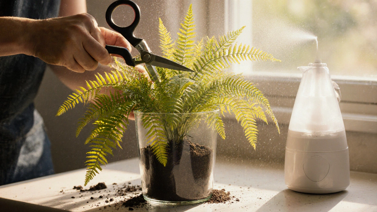 Gardener repotting, pruning, and misting a fern to revive it.