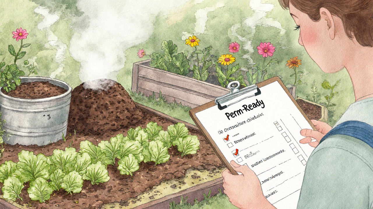 Gardener reviewing a checklist beside a lush polyculture garden with compost and balcony pots.