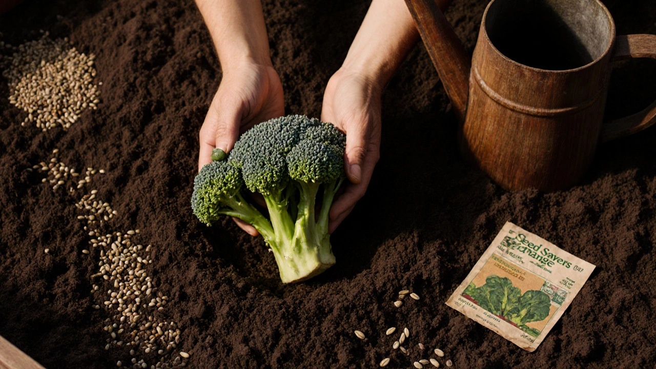 Hand harvesting Romanesco broccoli in a compost-rich garden with seed packet