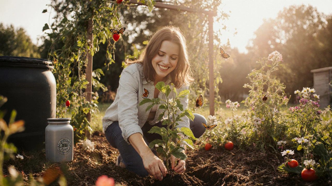 Homeowner planting a dwarf apple tree beside mulched beds, rain barrel, and pollinator‑friendly flowers.