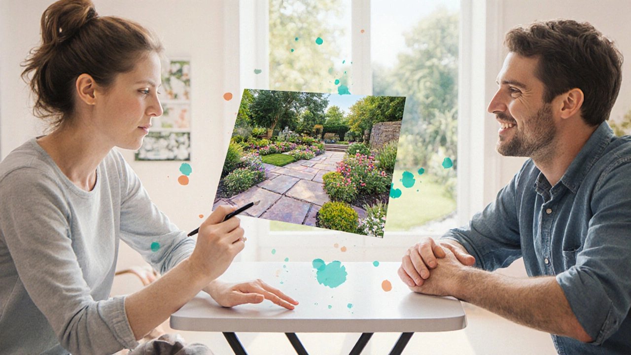 Homeowner showing high‑resolution garden PDF to landscaper.