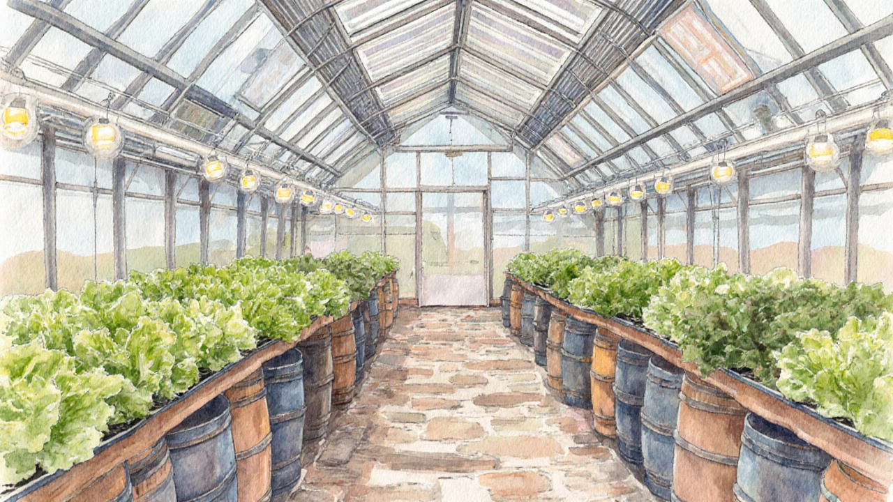 Interior of a British glasshouse showing stone floor, water barrels, vents, LED lights and thriving plants.