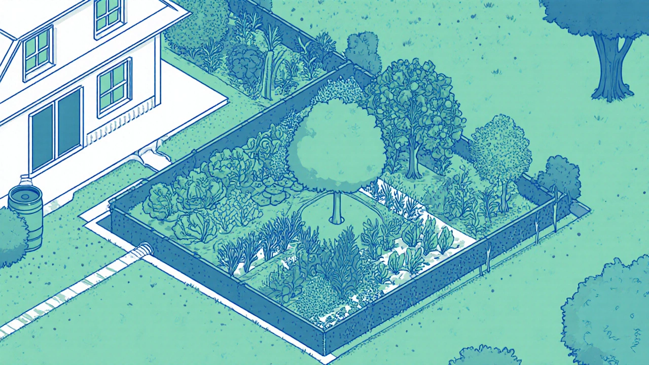 Isometric garden map showing zones and a fruit tree guild with rain barrel and swale.