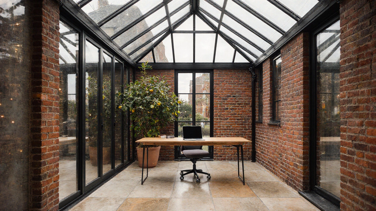 Modern home office in a restored Brighton orangery with brick, glass panels, desk, laptop, and potted orange tree.