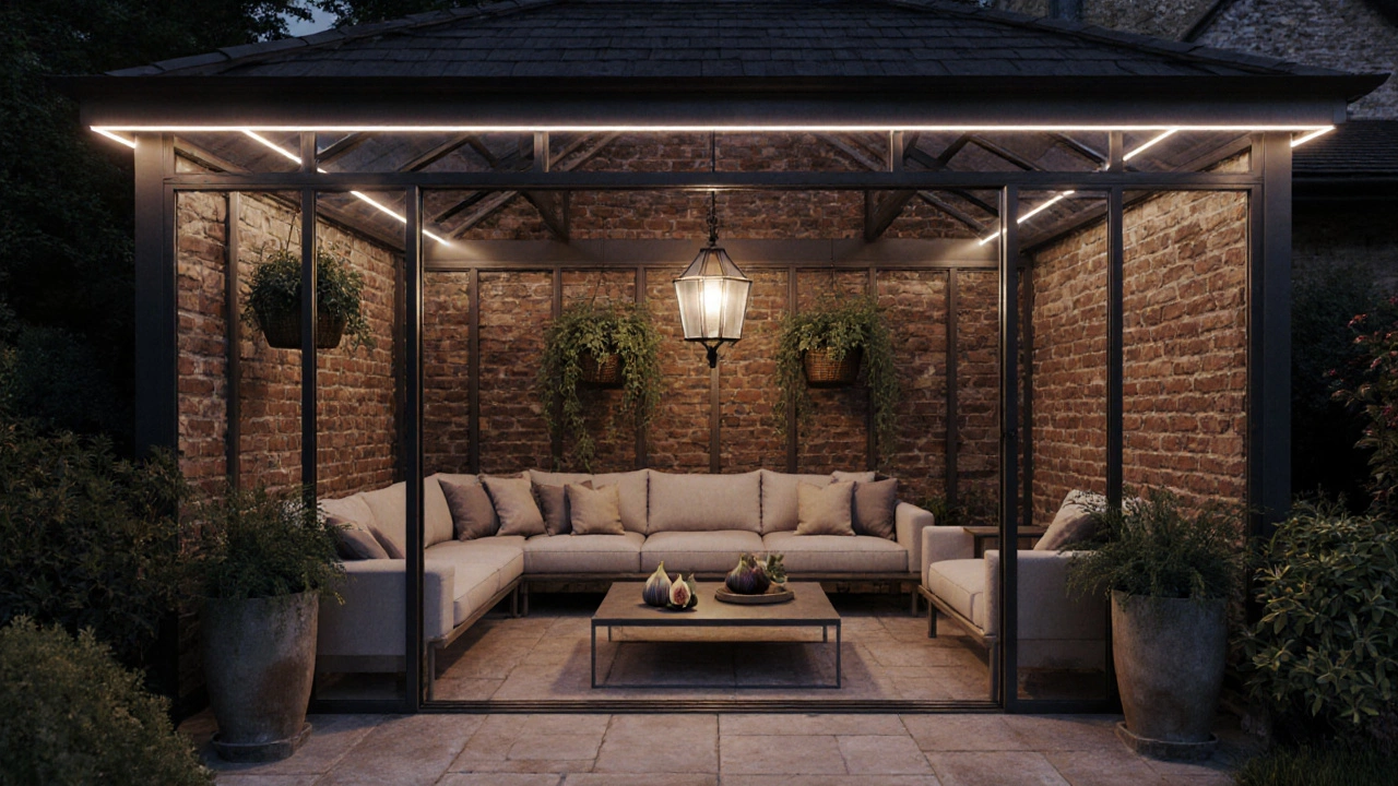 Nighttime garden room with brick, steel glass walls, lantern light, modular furniture, and lush potted plants.