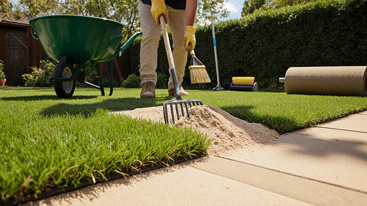Person using rake and shovel to remove excess sand and re‑stitch artificial grass seams.