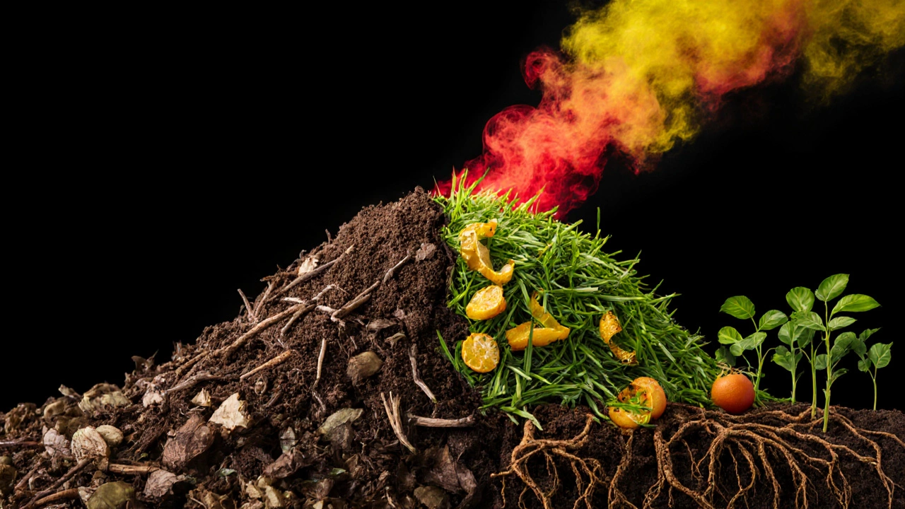 Split compost pile: balanced browns and greens on one side, toxic excess greens with fumes on the other, withering plant roots.