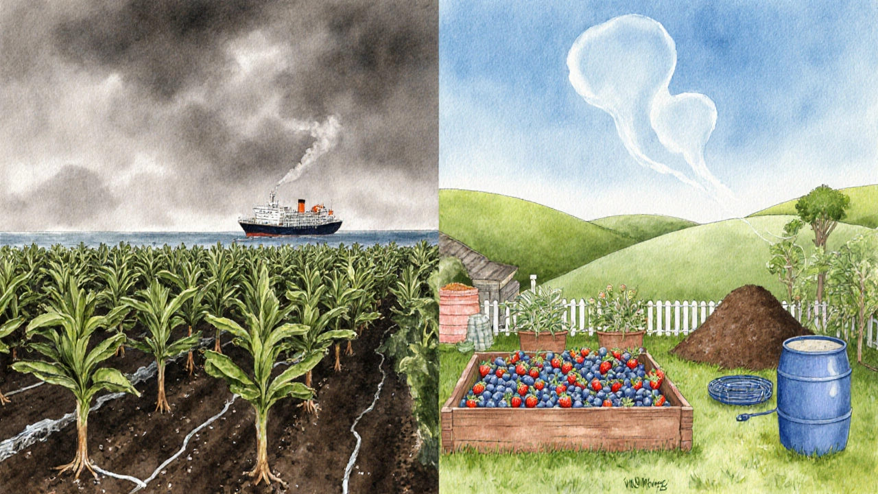 Split illustration showing a tropical banana plantation with irrigation and a UK backyard garden with drip irrigation.