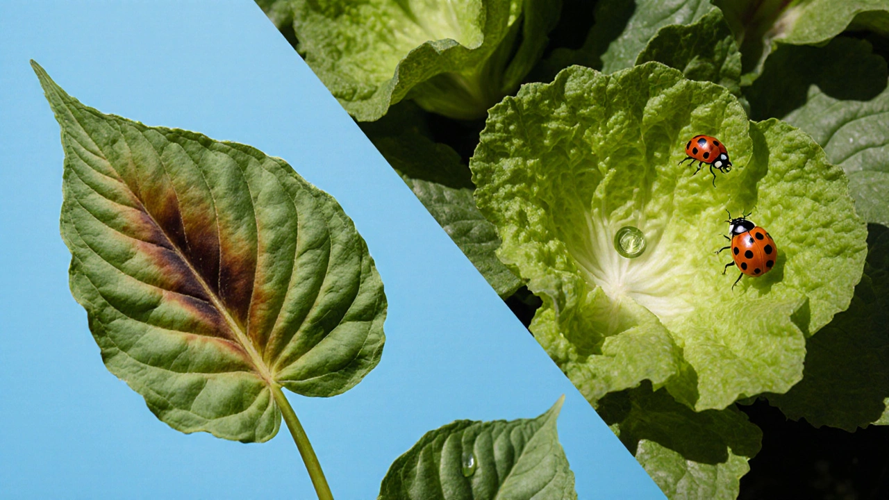 Split image showing a scorched hosta leaf on one side and a healthy lettuce leaf with a ladybug on the other.