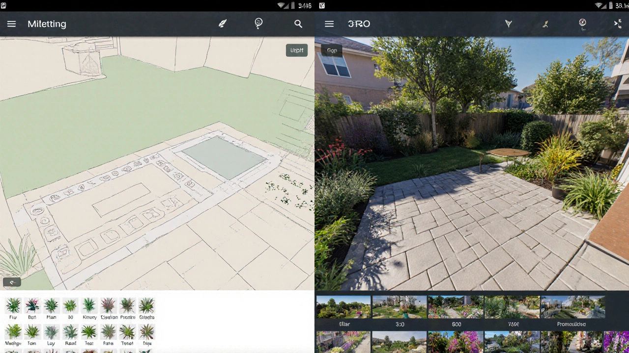 Split view comparing simple 2D garden sketch to detailed 3D PRO render.