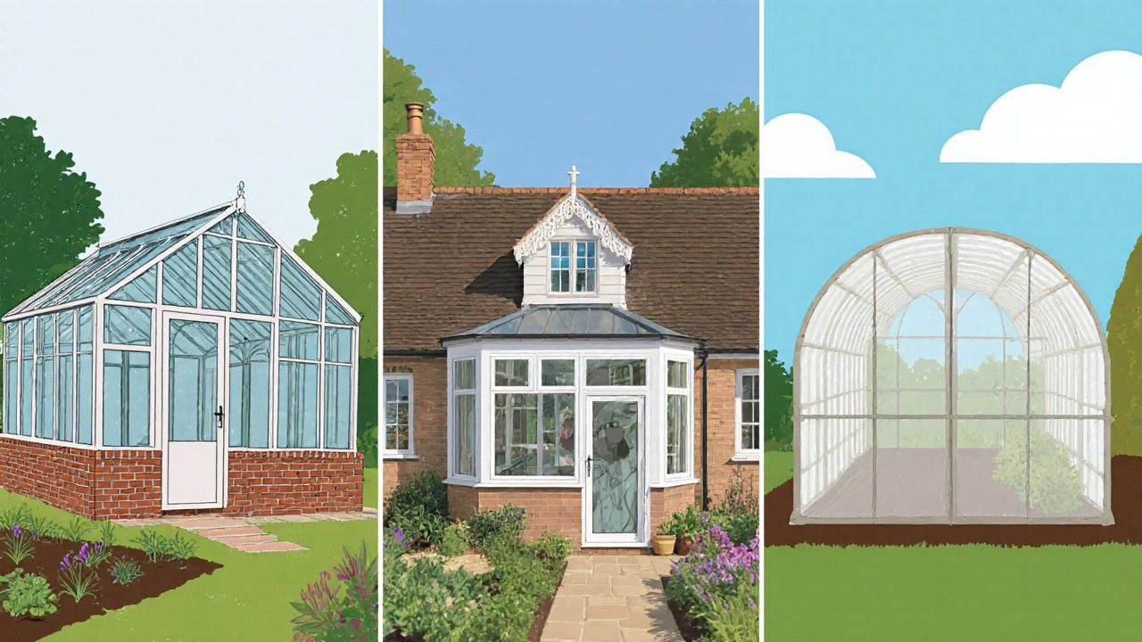 Three garden structures side by side: a glasshouse, a conservatory, and a polytunnel.
