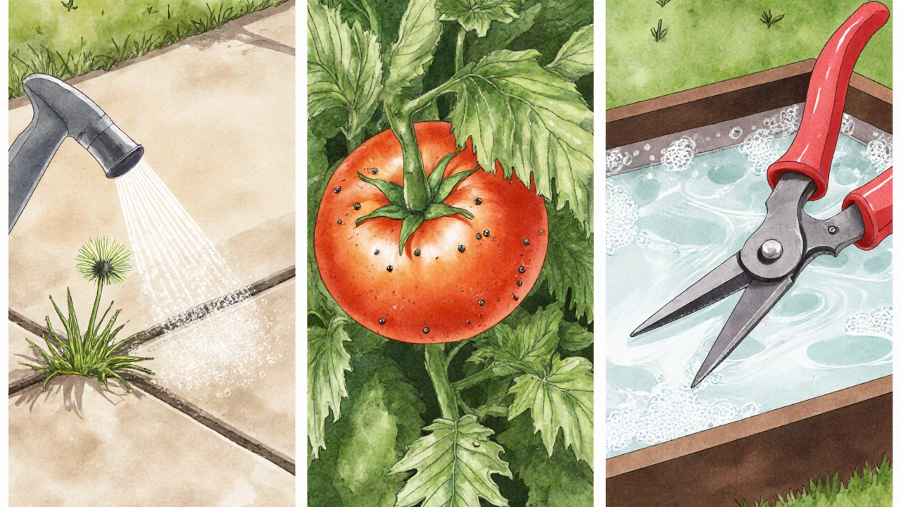 Three panels: misting vinegar on a driveway weed, treating tomato leaves for aphids, and shears soaking in vinegar.