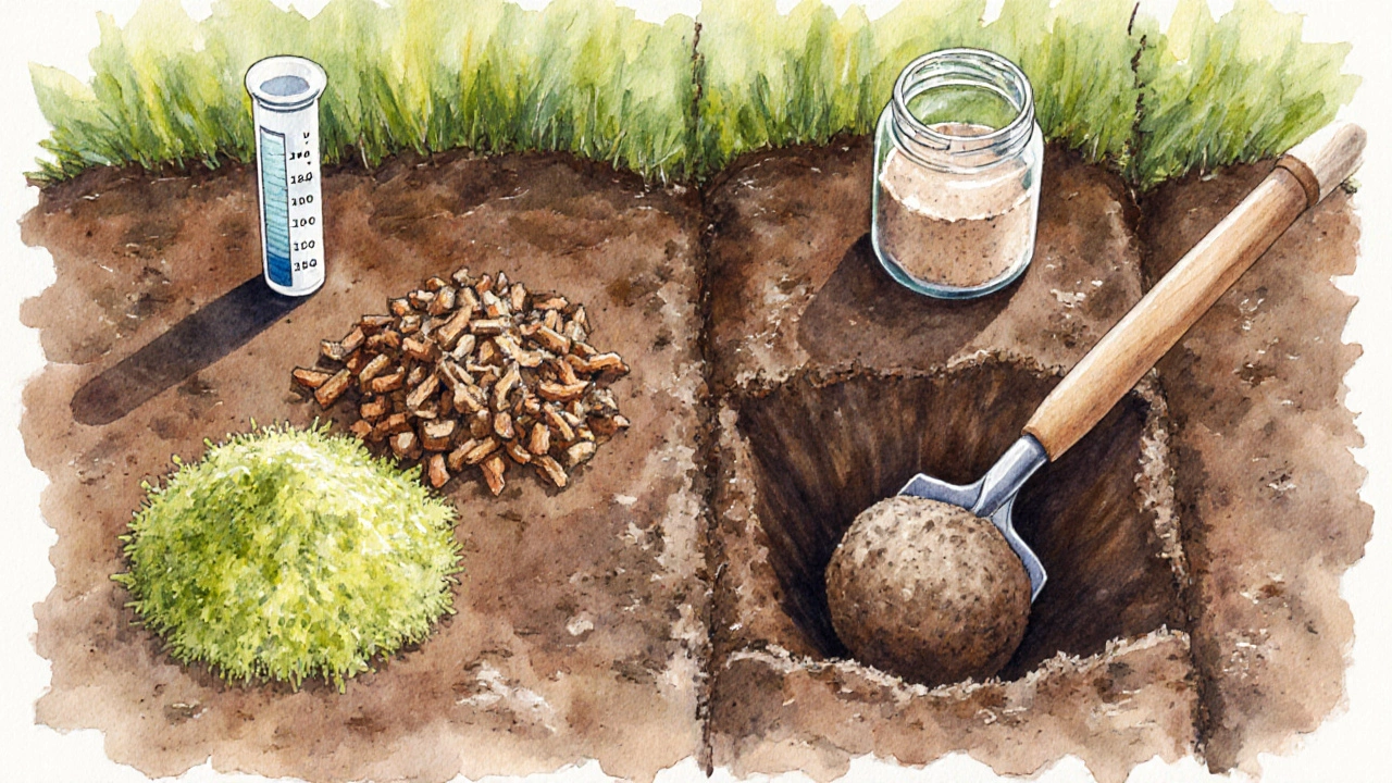 Top‑down view of soil preparation tools and amendments for planting fruit bushes.