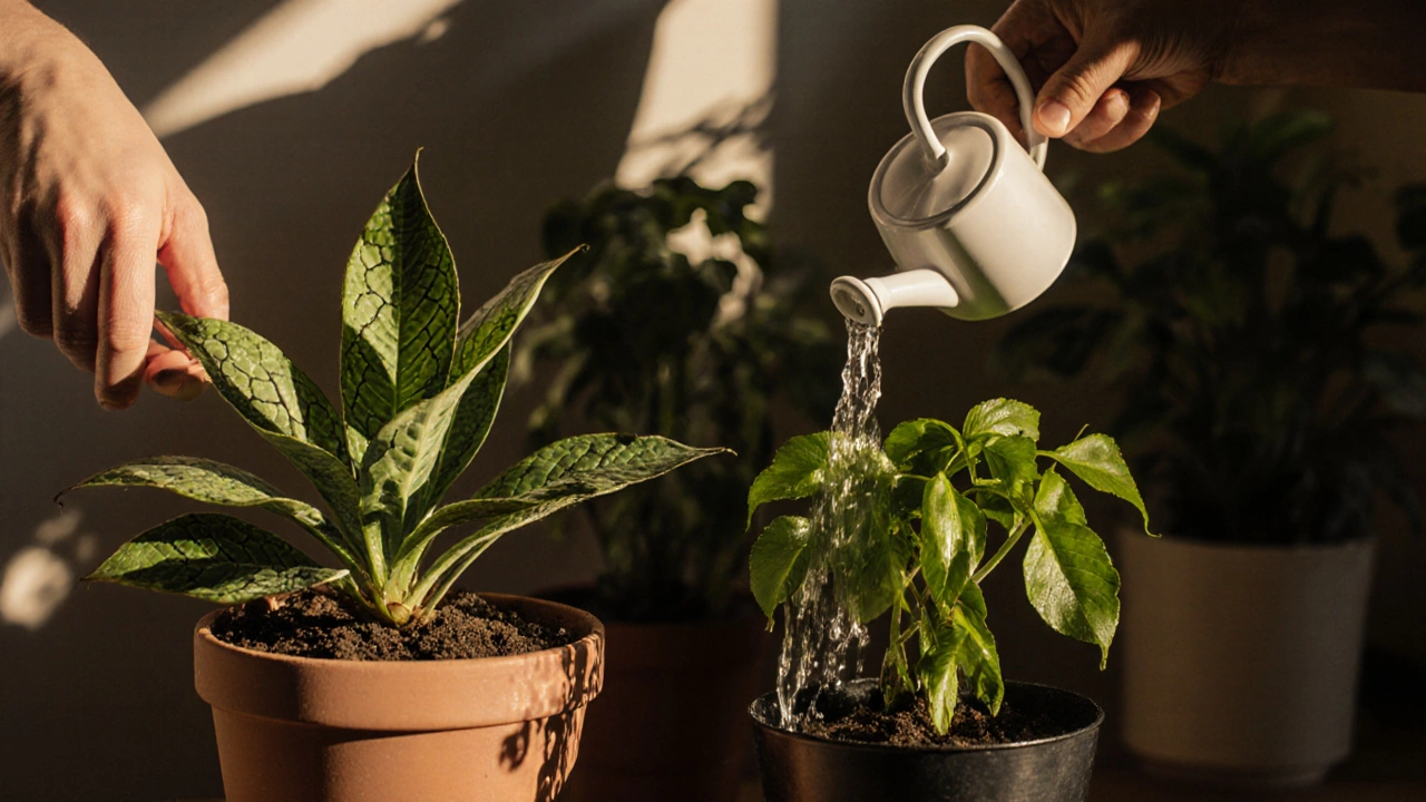 Two hands watering plants—gentle care vs. overwatering—with contrasting plant conditions.