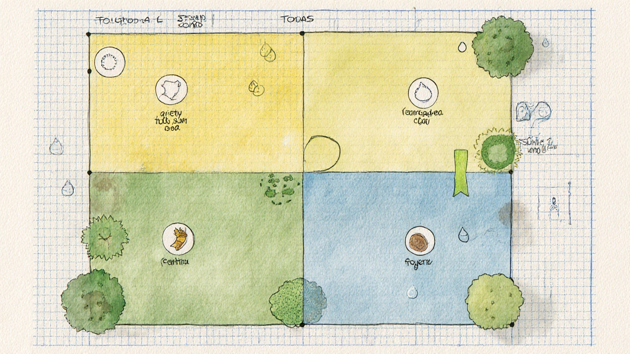 Watercolor garden layout map showing sun, soil, and water zones with plant symbols.