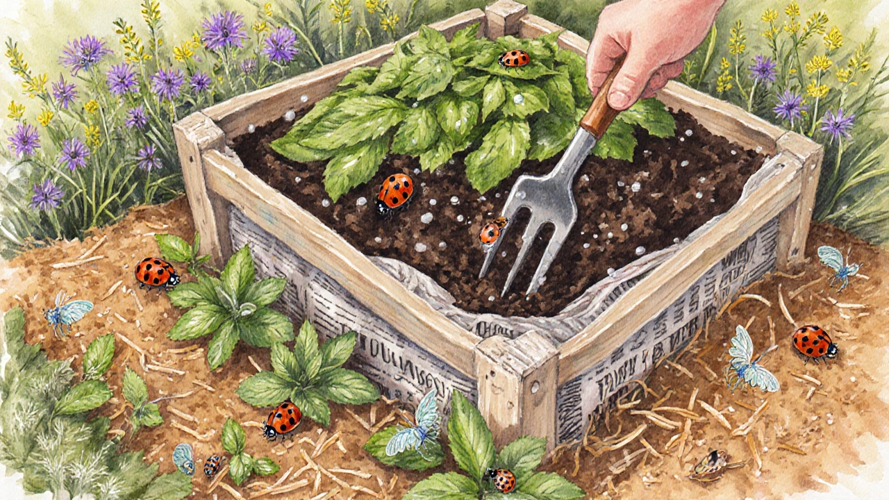 Watercolor of a compost bin with layered greens and browns, ladybugs on nearby herbs, and straw mulch.