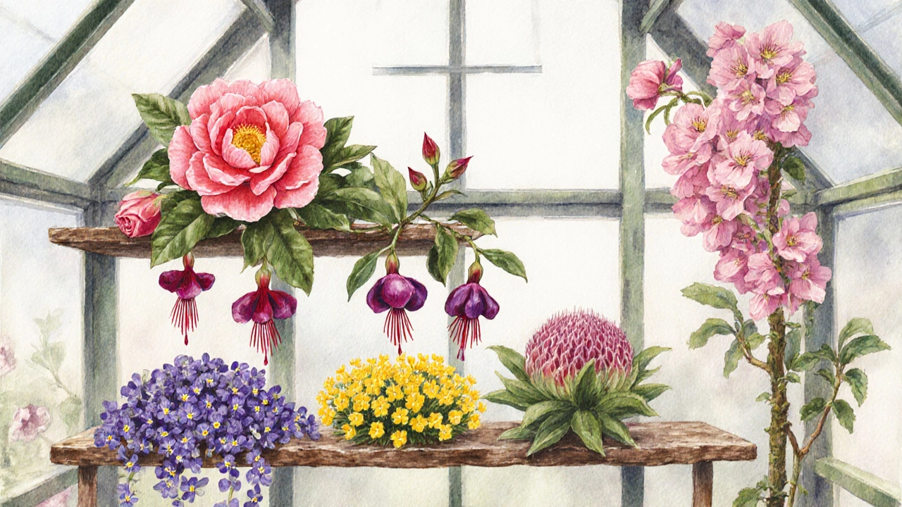Watercolor of camellia, fuchsia, primula, erica, viola, cyclamen, hellebore, and rhododendron on shelves.
