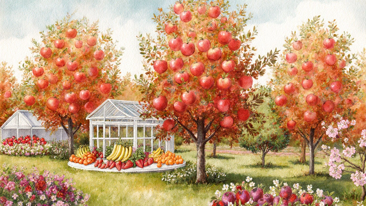 Watercolor orchard showing apple trees with bananas, oranges, strawberries, and plums.