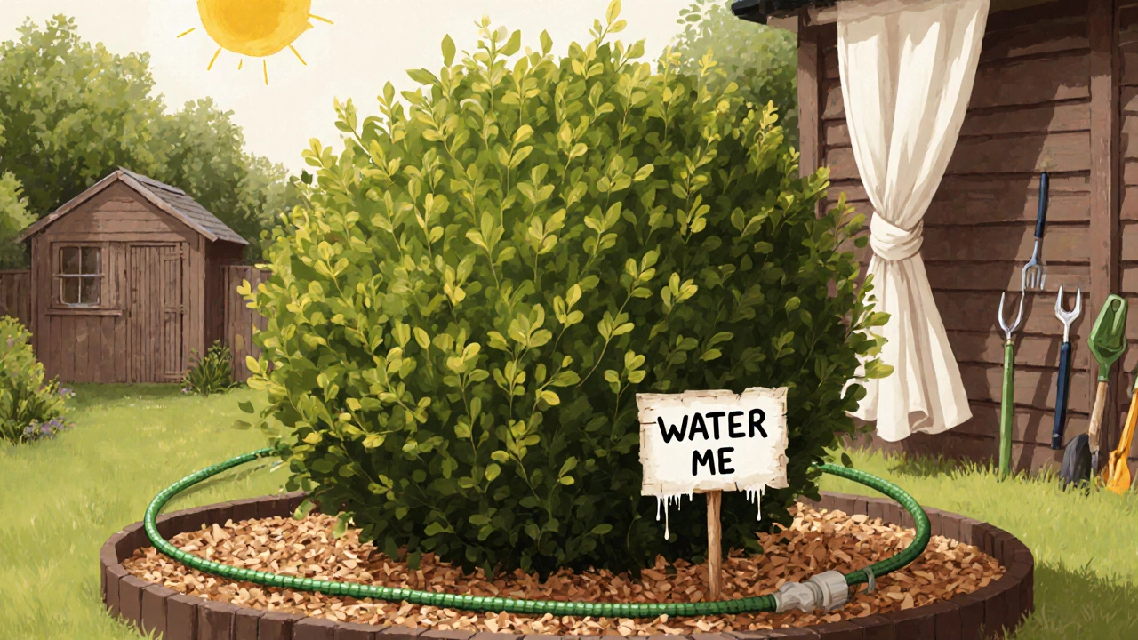 A boxwood shrub with yellowing leaves surrounded by mulch and a dripping hose in a hot summer garden.