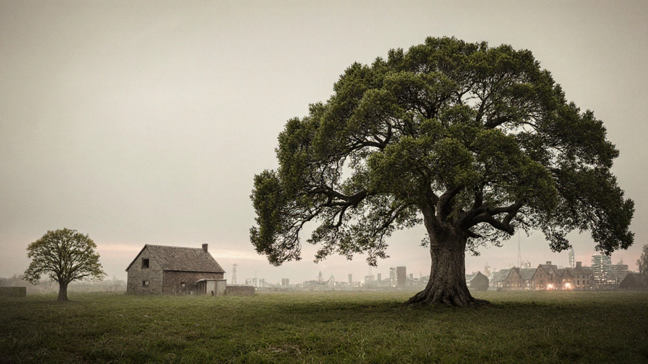 A centuries-old oak tree evolving from sapling to ancient pollard, with layers of time visible in its form.