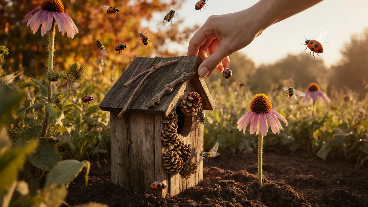 A handmade bug hotel made of natural materials beside a vegetable garden in autumn.