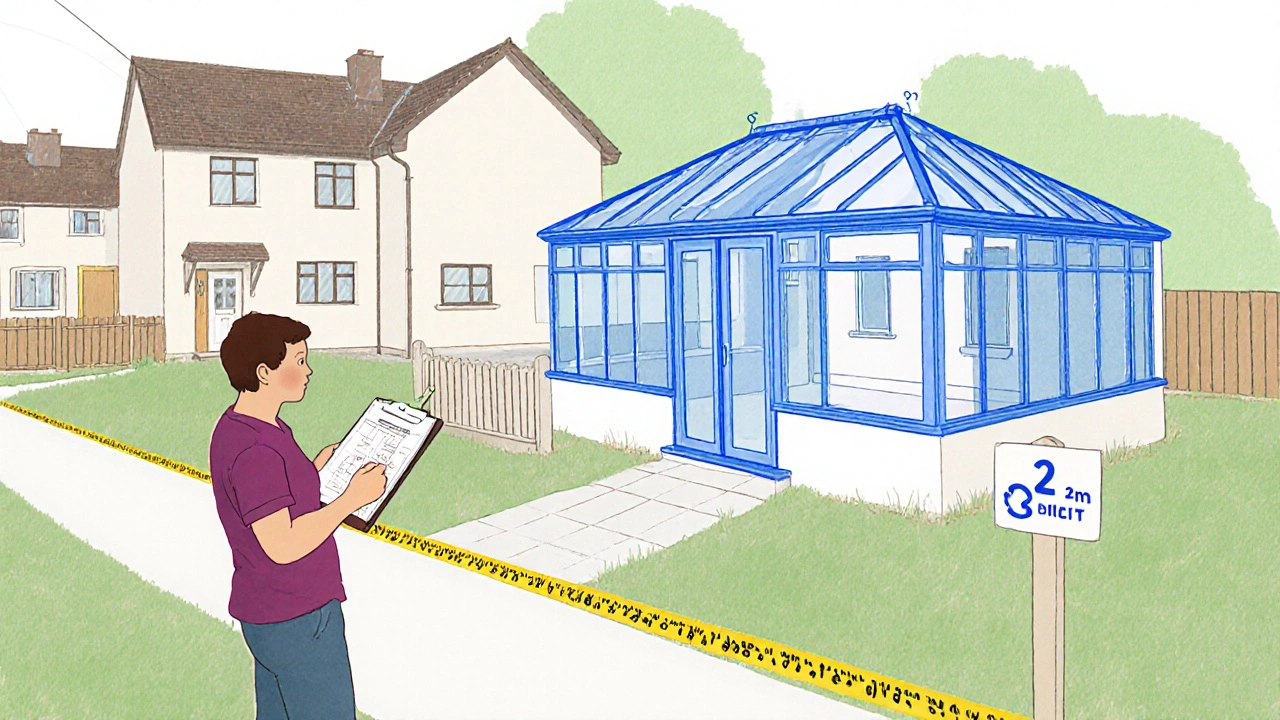 A person measuring property boundary near a fence while holding a sketch of a compliant orangery design.