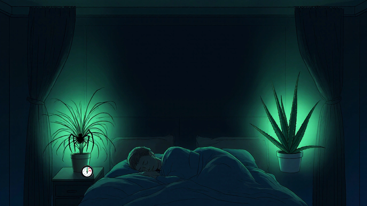 A sleeping person in a calm room with two plants glowing faintly, representing nighttime oxygen release.