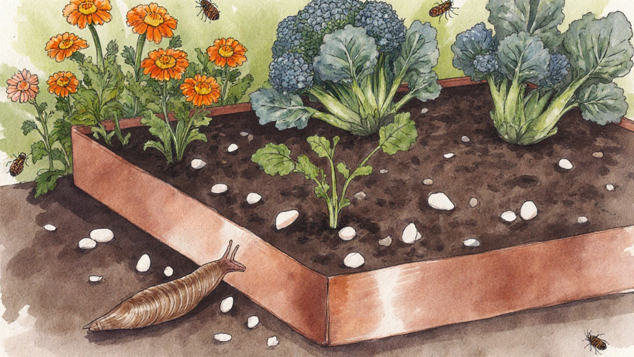 A slug hesitating at a copper tape barrier around a raised vegetable bed with companion plants.