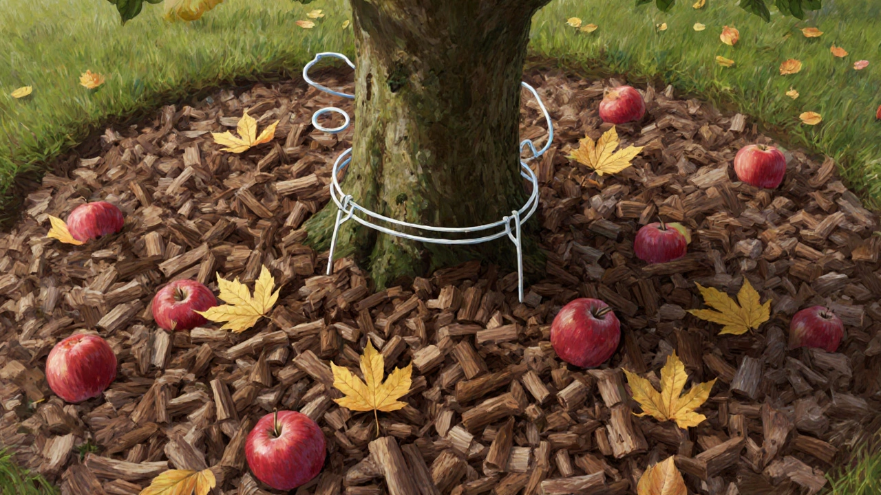 Autumn scene with wood chips and leaf mould mulch around apple tree, tree guard visible but not touching mulch.