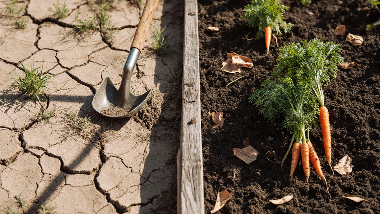 Before-and-after comparison of cracked poor soil versus rich, healthy soil with plants and mulch.