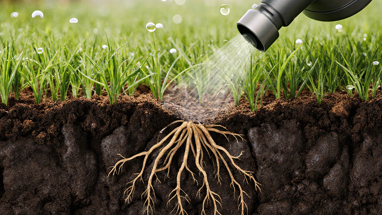 Close-up of new grass shoots emerging from aerated soil with compost and water droplets.