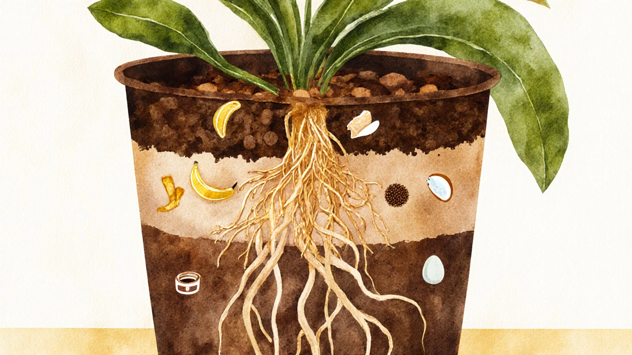 Cross-section of potting soil showing compost, fungi, and kitchen scraps enriching roots.